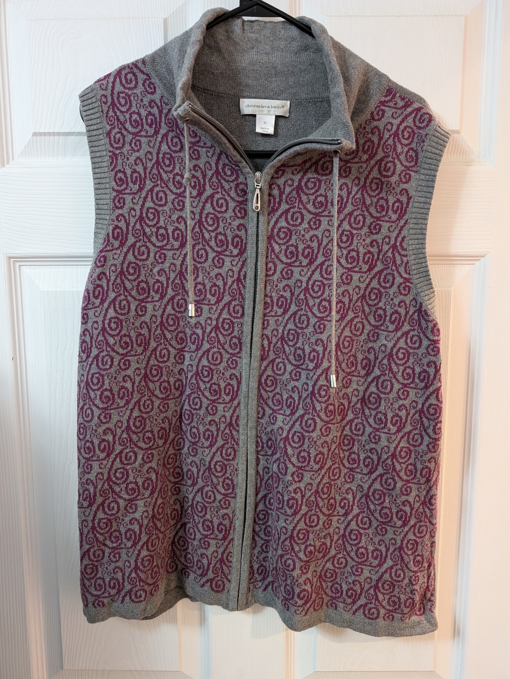 Christopher & Banks Gray Sweater Vest with Purple Swirl Jacquard